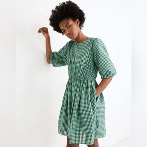 Madewell Gingham Crewneck Bubble Sleeve Mini Dress Size 2 Green